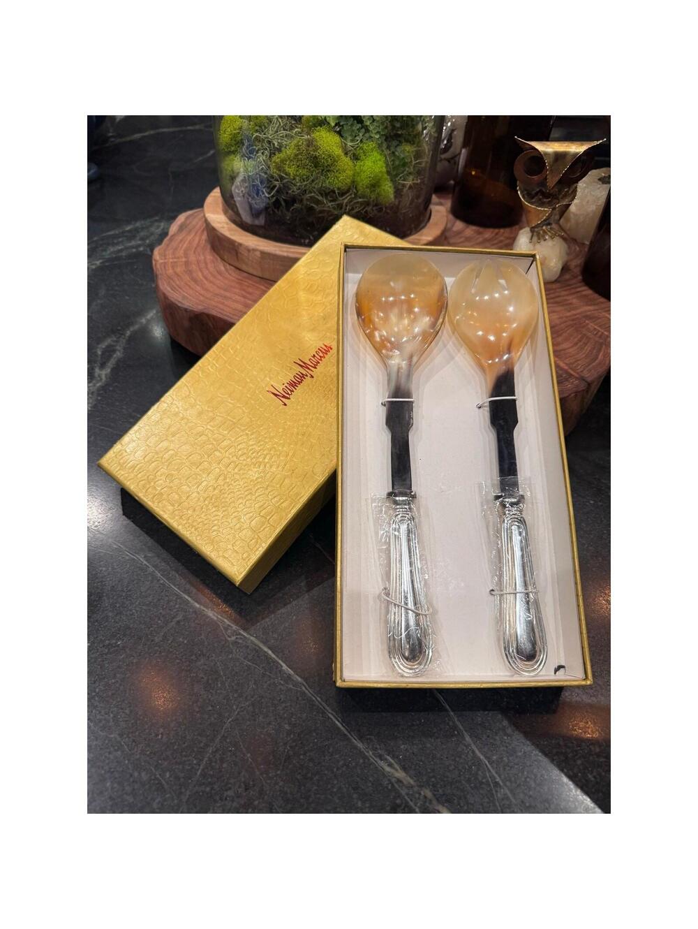 Vintage Neiman Marcus Horn Salad Servers Set Silver Plated Handles Boxed Gift